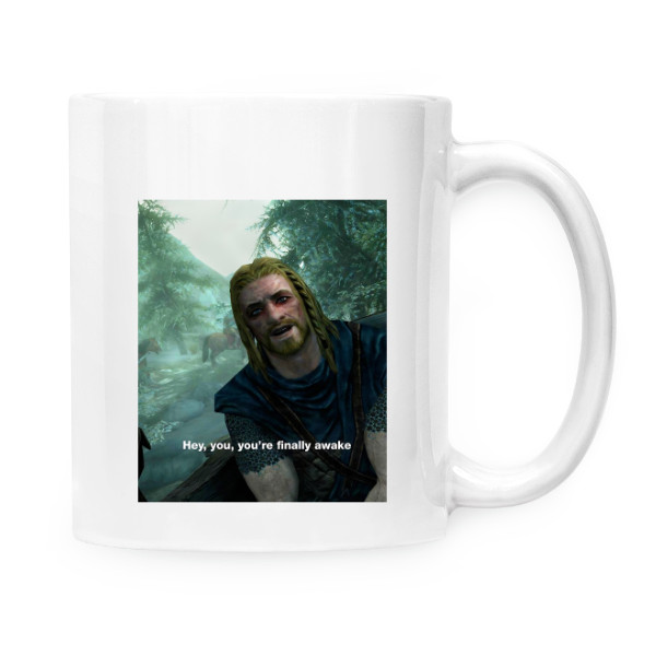 Hrnek malý bílý s potiskem Hej ty, konečně jsi vzhůru! Skyrim